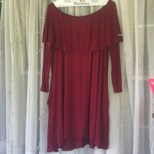 Off the shoulder, red ruffle dress